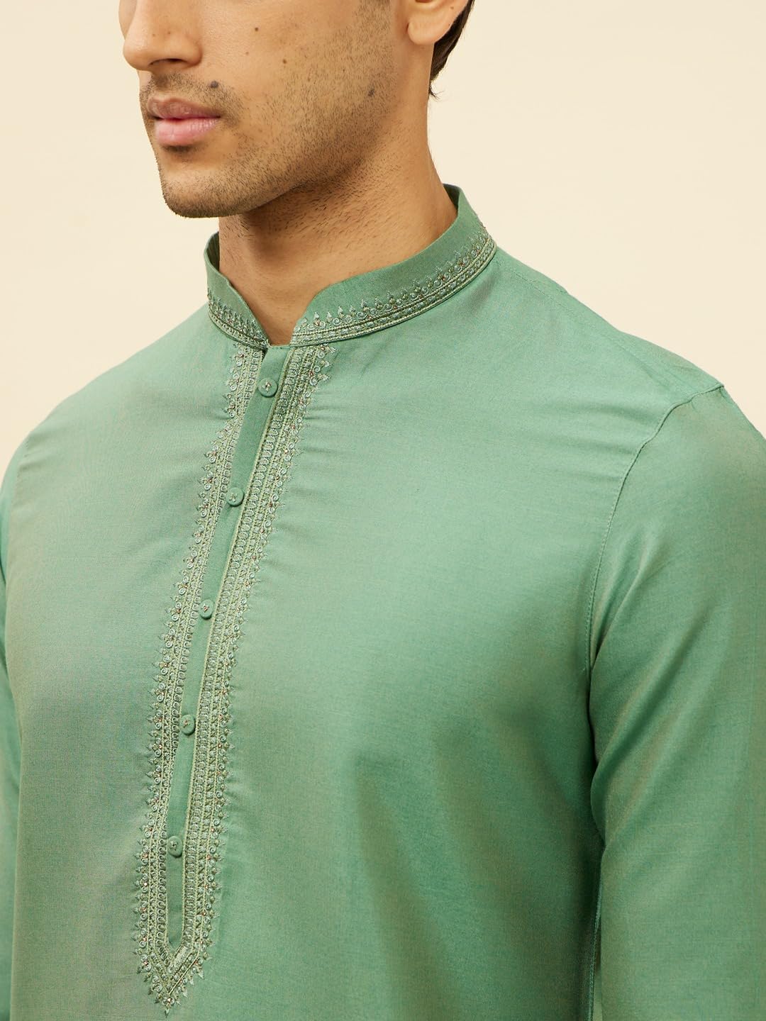 Manyavar Men's Green Blended Viscose Solid Kurta Pyjama Set (L)