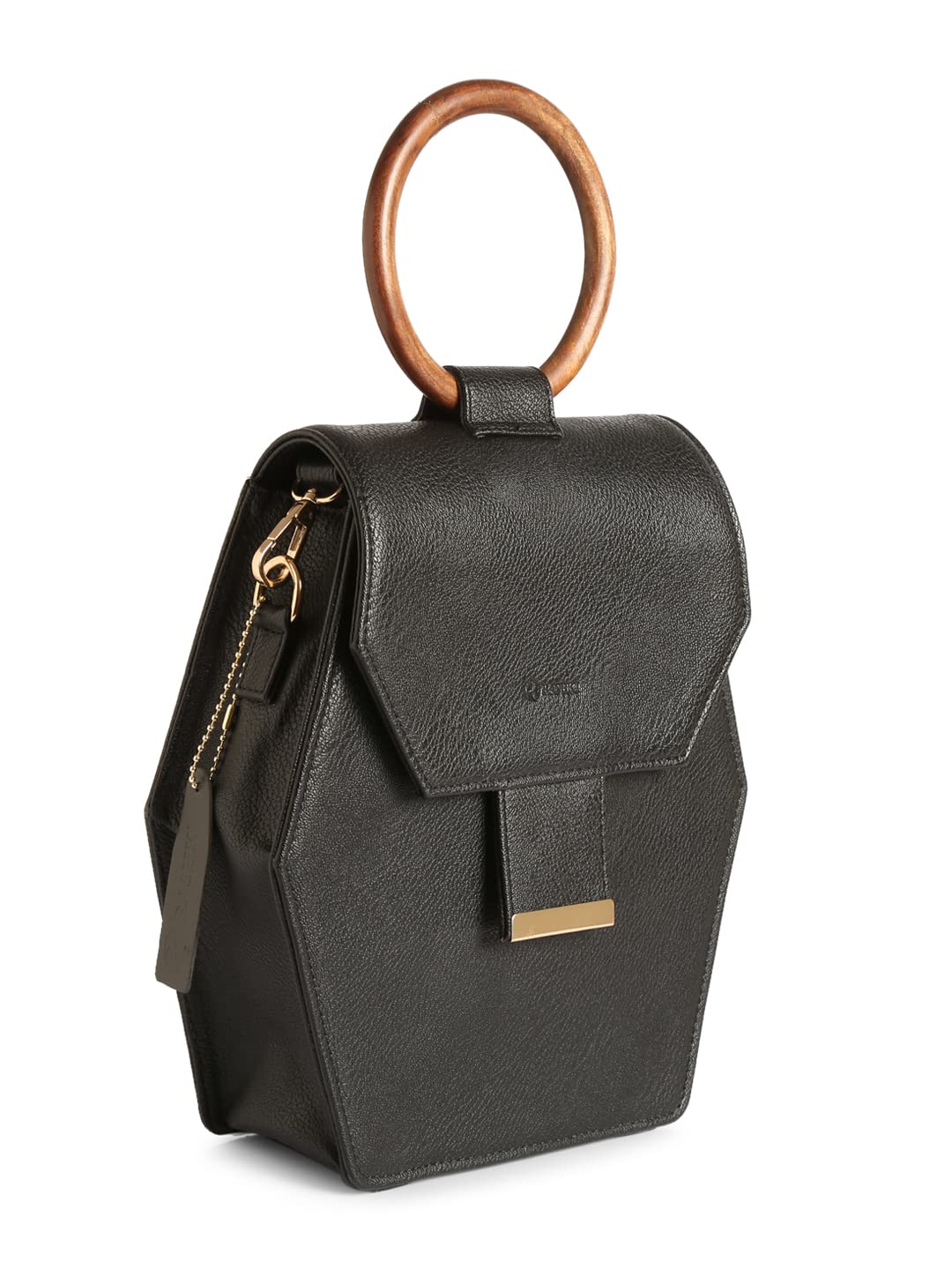 RASHKI ESA BLACK - Womens Vegan Leather Hand Bag | Real Wood Handle | Spacious Compartment | Flip Closure