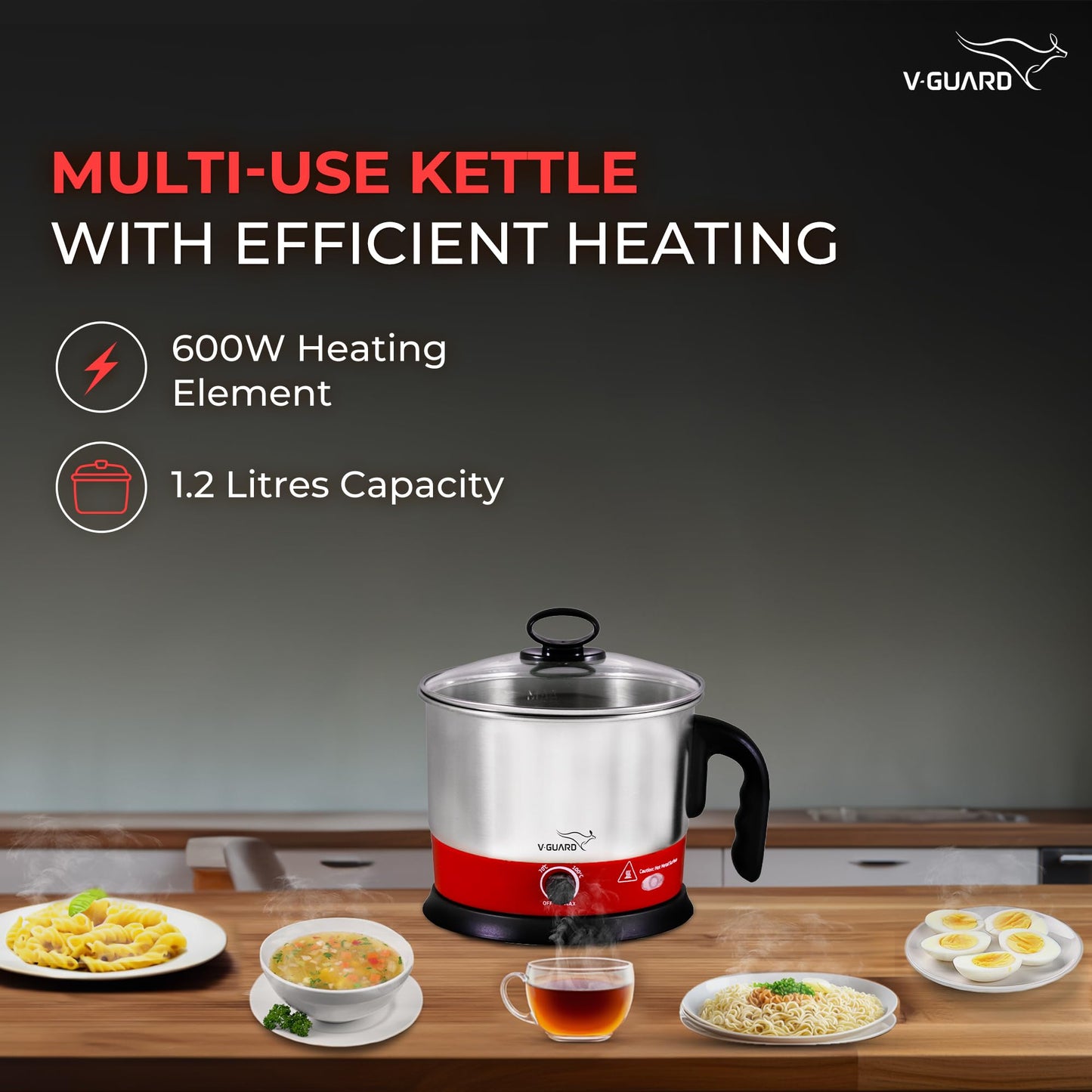 V-Guard VKM12 1.2 Litre Multipurpose Electric Kettle| 600 W|Kettle for Boiling Milk, Tea, Coffee, Cooking Eggs|360° Rotating Base,Auto Cut-off,Overheat & Dry Boil Protection|1 Year Coverage by V-Guard