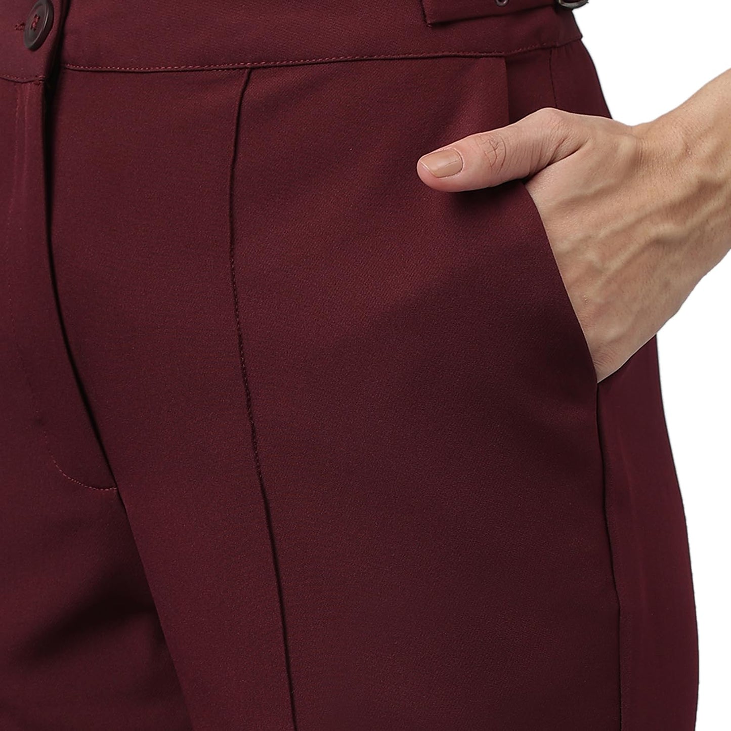 Latin Quarters Women's Maroon Solid Straight High Rise Formal Trouser_L