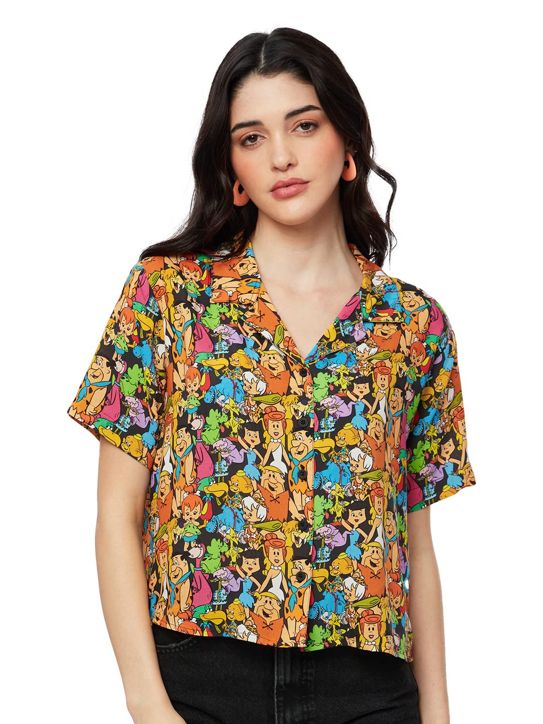 The Souled Store| Official The Flintstones: Gang Womens and Girls Shirts|Half Sleeve|Regular fit Graphic Printed|100% Rayon Black Color Women Hawaiian Shirts
