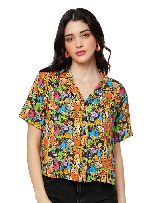The Souled Store| Official The Flintstones: Gang Womens and Girls Shirts|Half Sleeve|Regular fit Graphic Printed|100% Rayon Black Color Women Hawaiian Shirts