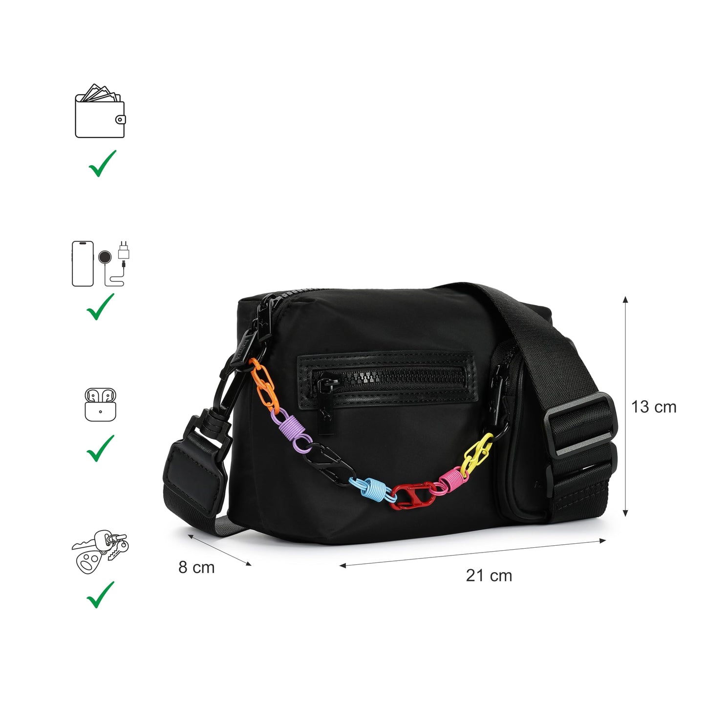 Fastrack Statement Chain Sling Bag for Women | Black Nylon Crossbody with Zipper Closure, Front Utility Pockets and Adjustable Strap | Lightweight Urban Sling for College & Travel