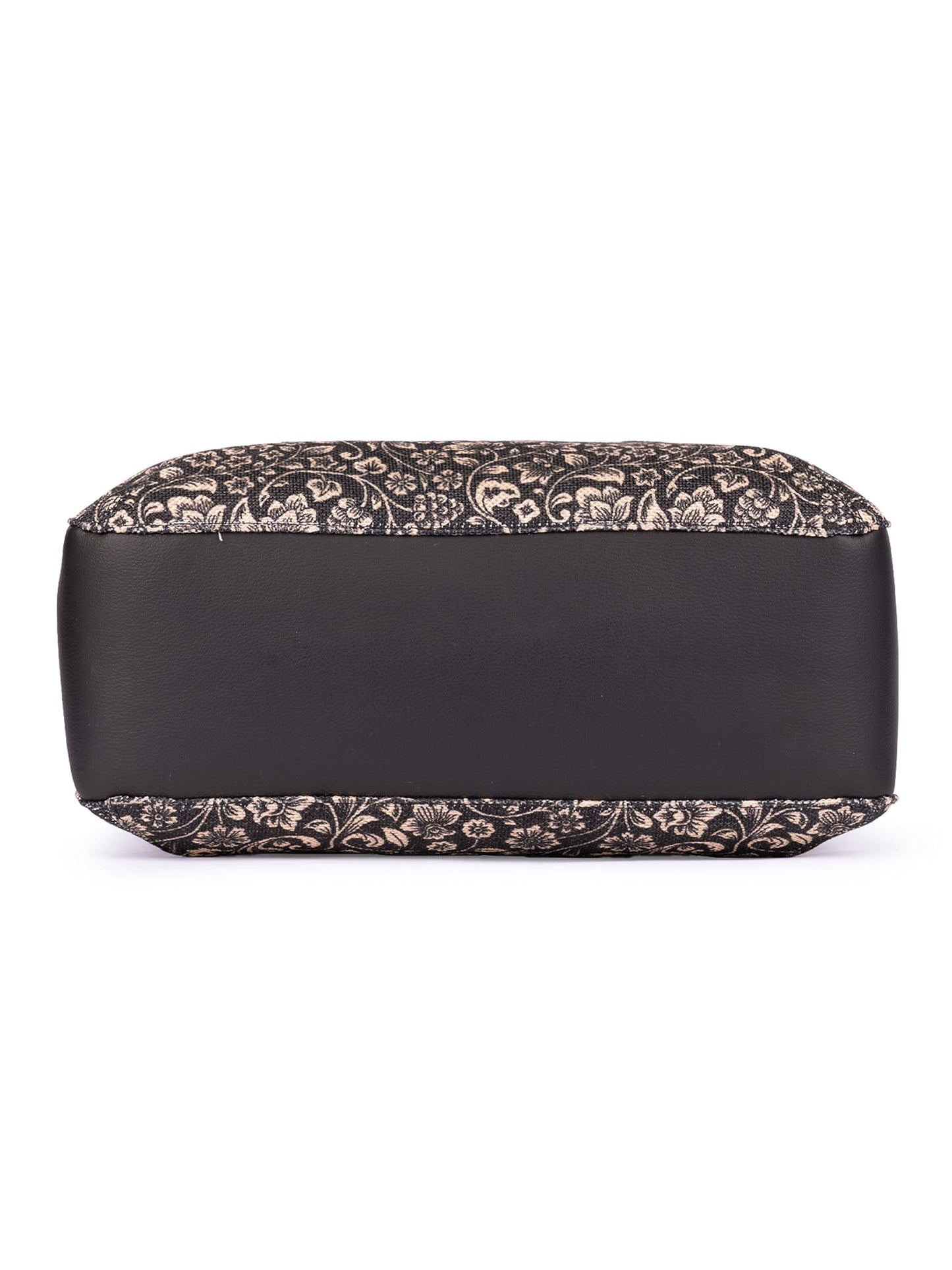 ZOUK Flomotif Floral Printed Jute Handcrafted Vegan Leather Black Women's Satchel Bag | Ladies Purse Handbag | Double Handle Detachable Strap