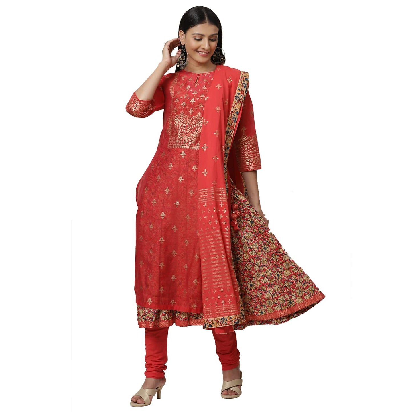 BIBA Women Printed Fitted Polyester Salwar Kurta Dupatta(Skddurgotsa7567_Red_34)