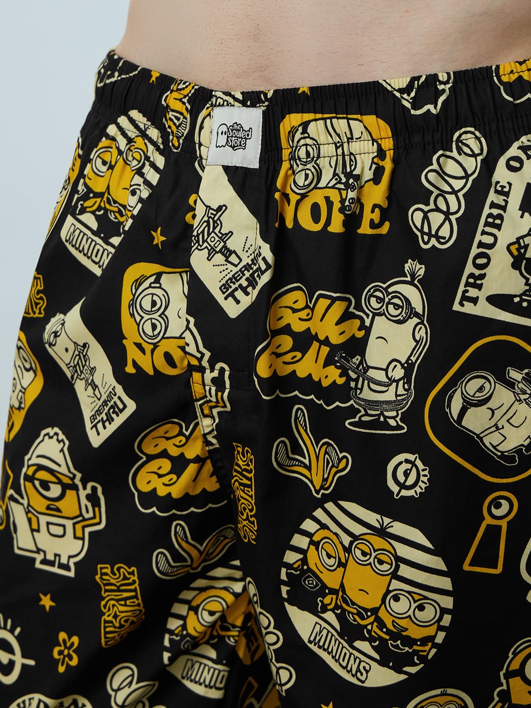 The Souled Store Minions: Moods Men and Boys Black All Over Printed Pull On Regular Fit Cotton Pajamas