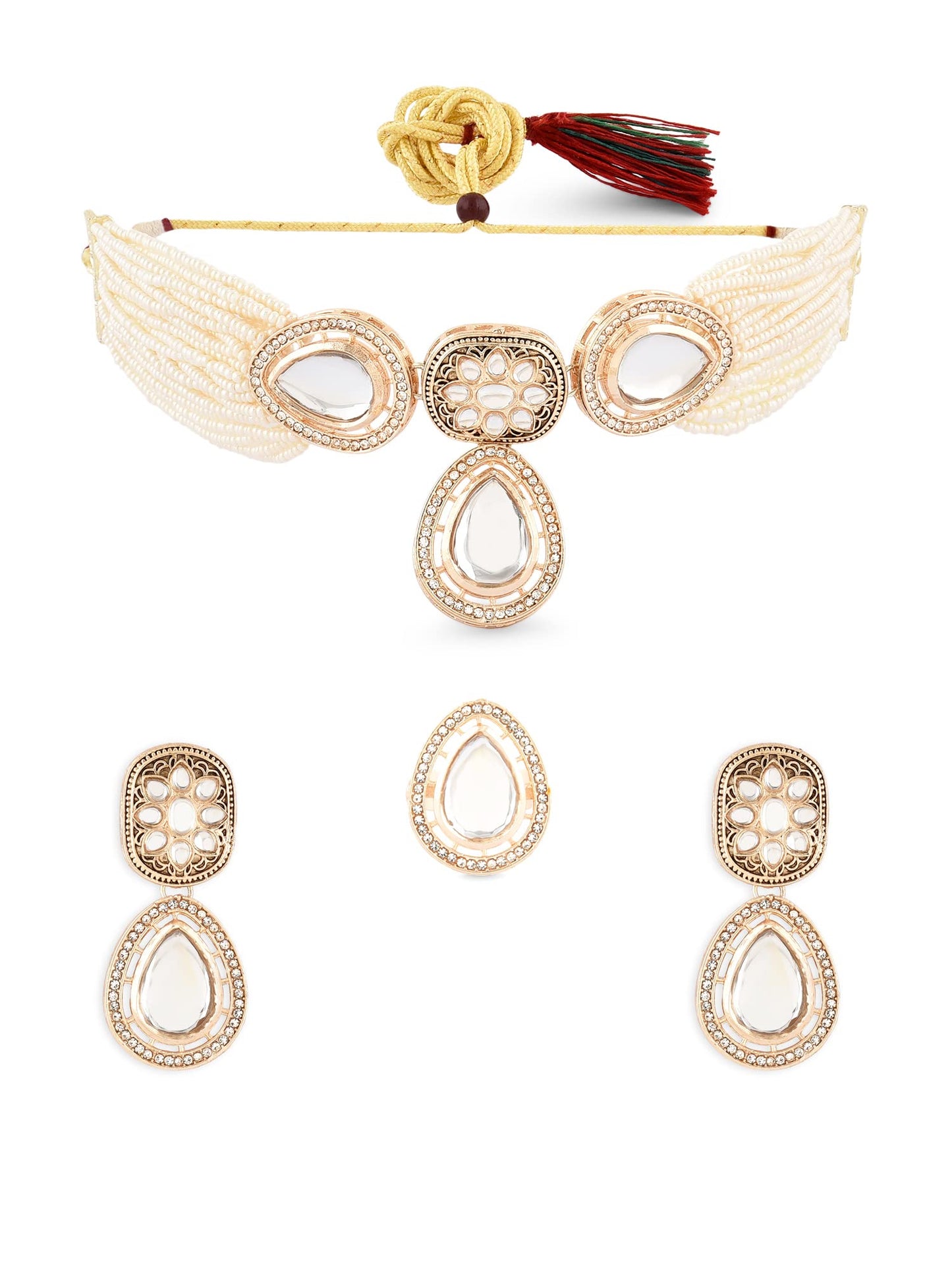 ZAVERI PEARLS Gold Tone Multistrand Beaded Kundan Choker Necklace Earring & Ring Set For Women-ZPFK16078