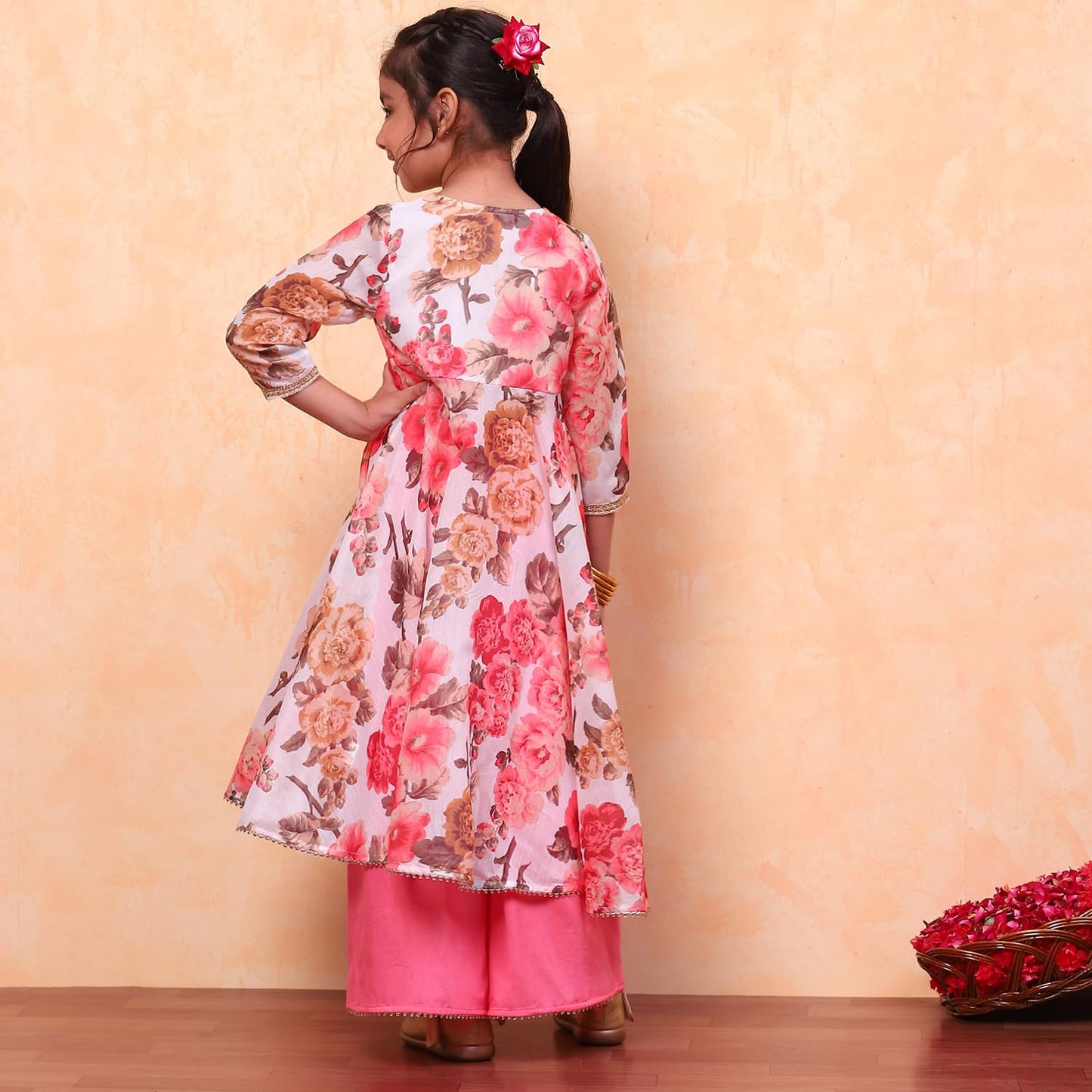 Biba Girls White Flared Poly Modal Printed Kurta suit set