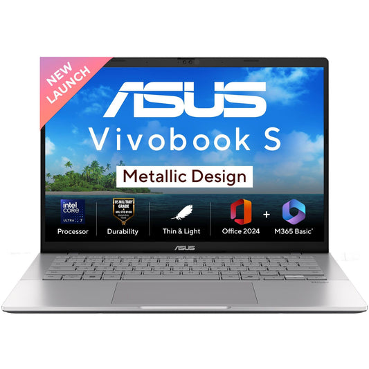 ASUS Vivobook S14, Intel Core Ultra 7 255H, Metallic Design Laptop(Intel iGPU/16GB RAM/512GB SSD/FHD+/14"/60Hz/Windows 11/M365 Basic (1Year)*/Office Home 2024/Cool Silver/1.4 Kg) S3407CA-LY084WS