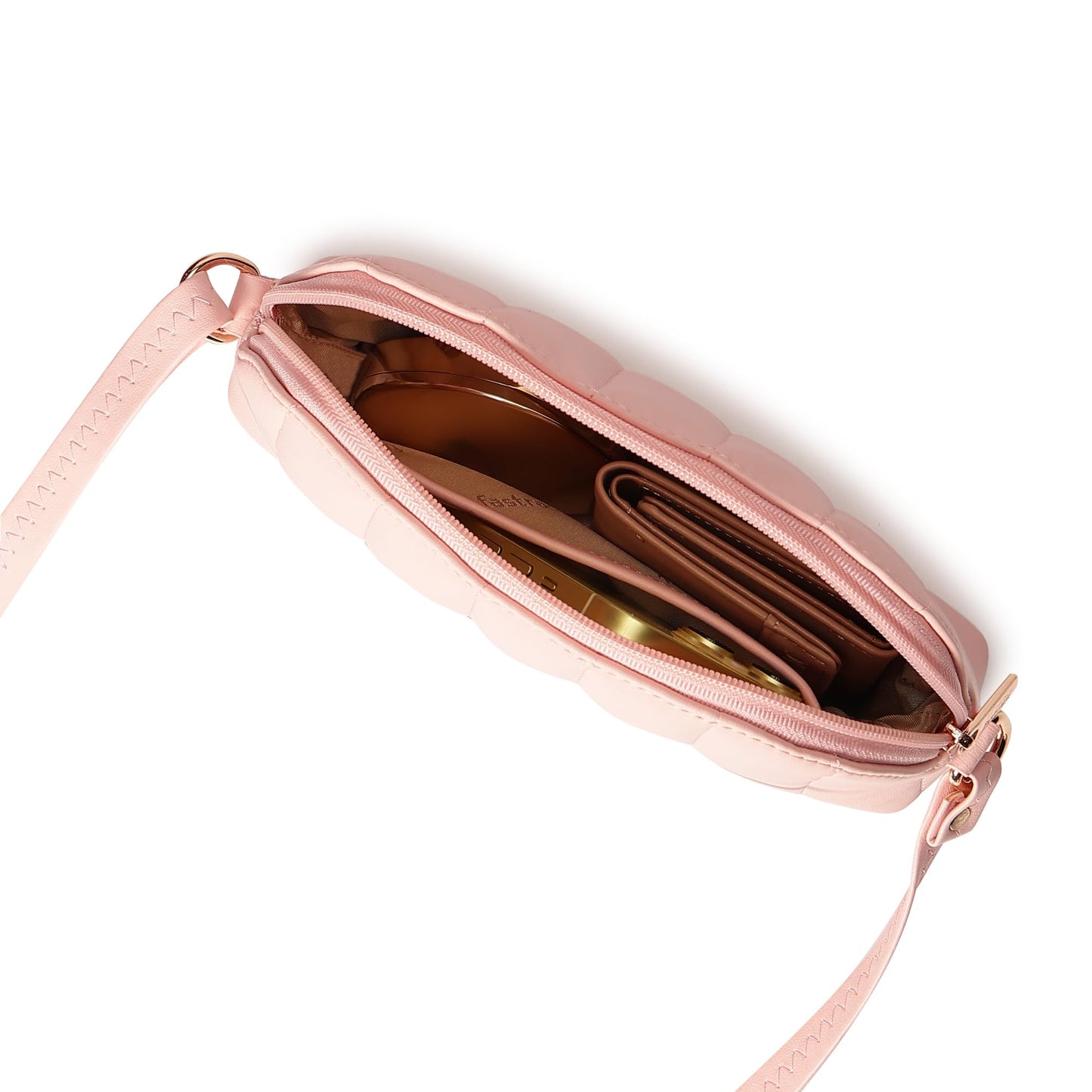 Fastrack Quilted Powder Pink Sling Bag For Women, Girls and Ladies with Top Zipper