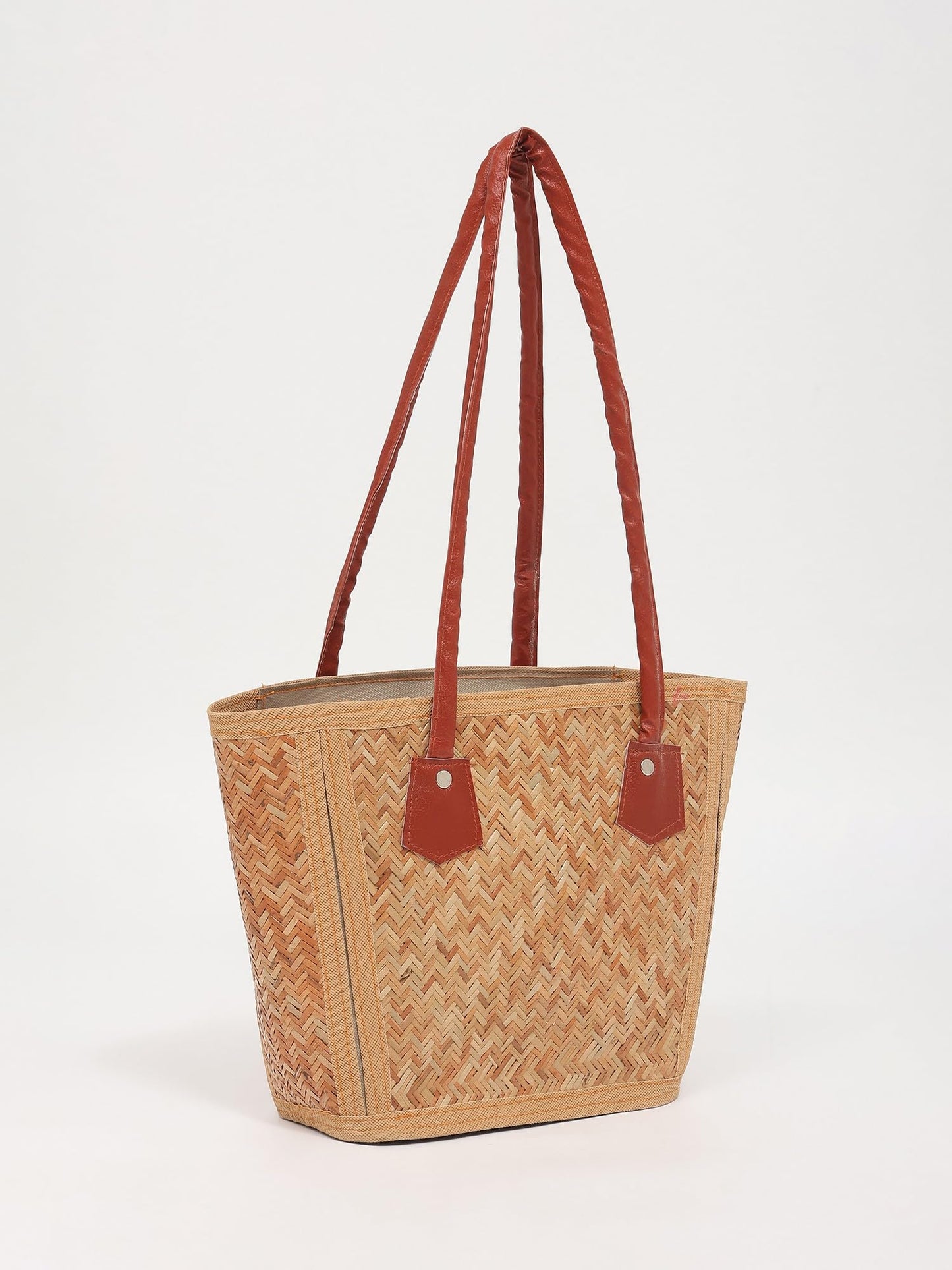Exotic India Designer Bamboo Tote Hand-Woven Texture Eco-Conscious Summer Carryall and Versatile Casual Bag for Women's, Bruschetta, Medium