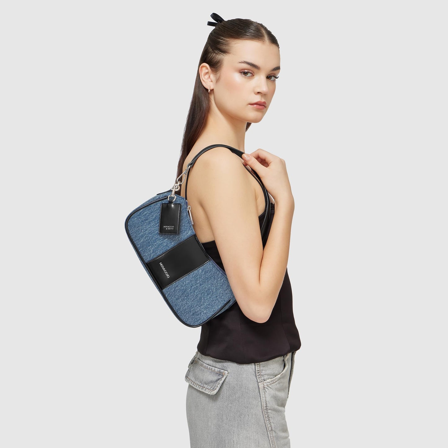 Miraggio Bella Denim Shoulder Bag with Adjustable & Detachable Sling/Crossbody Strap for Women (Denim & Black)