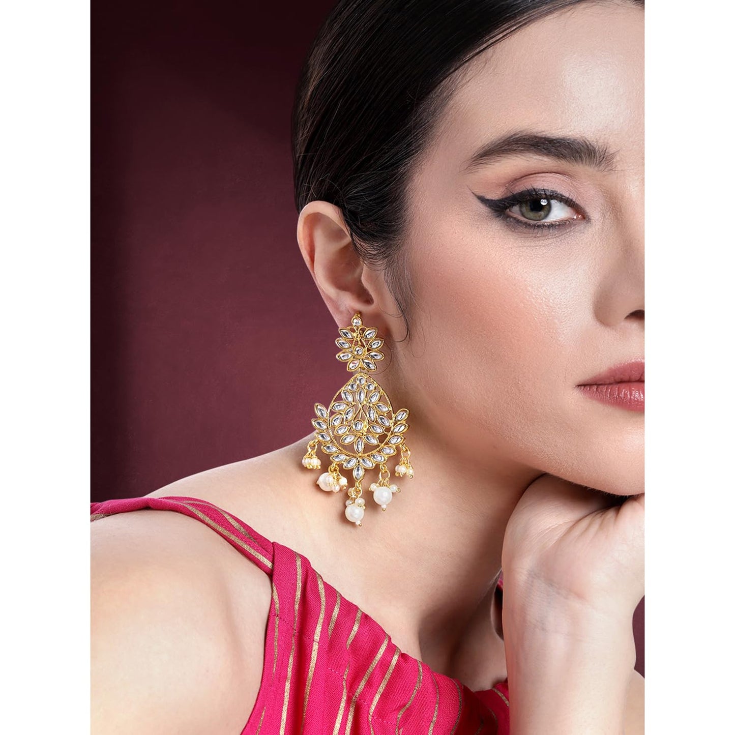 Peora Gold Plated Kundan Pearl Chandbali Earrings for Women Girls