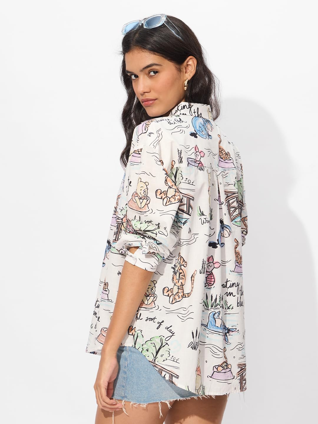 The Souled Store Winnie The Pooh: Honey Women and Girls Long Sleeves Collared Neck Button Front White All Over Printed Cotton Boyfriend Shirts