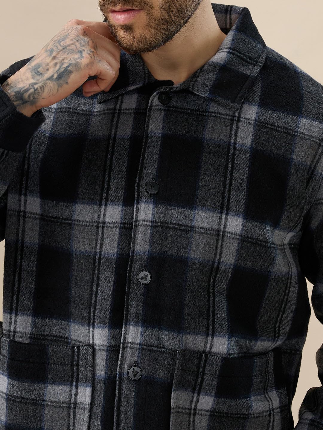 Status Quo Men's Wool Blend Checked Pattern Regular Fit Shacket | 100% Polyester | BLACK | 4XL Size