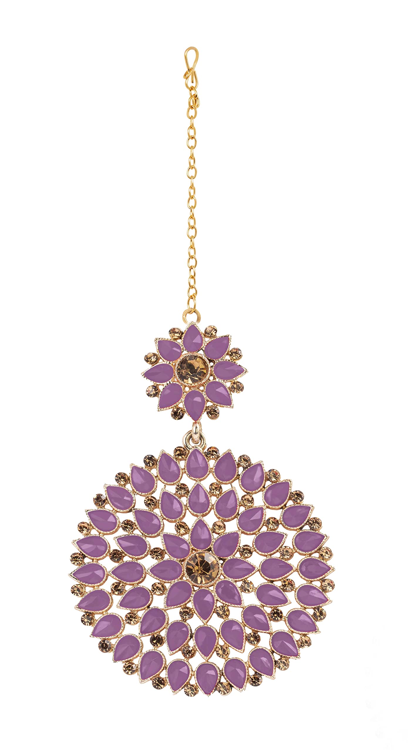 JFL - Jewellery for Less Gold Plated Stone and Diamond Studded Maang Tikka with Dangler Earrings for Women and Girls.(Lavender)