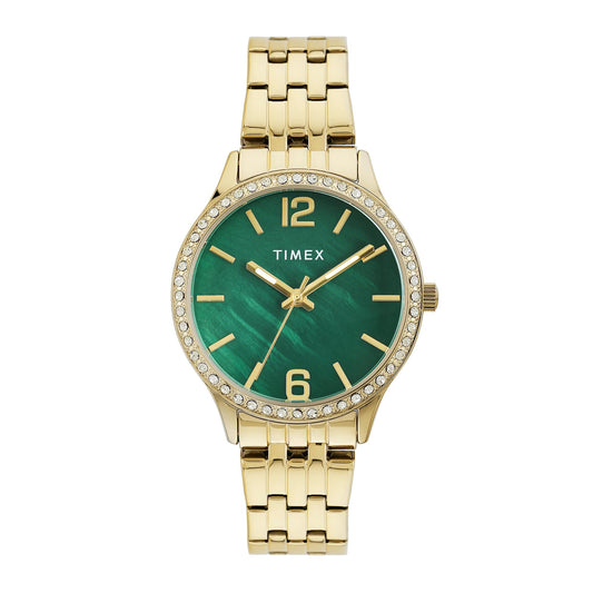 TIMEX Analog Watch for Women with Green Dial & Gold Stainless Steel Bracelet Band - Water Resistant Women's Wrist Watches -TWEL230SMU01