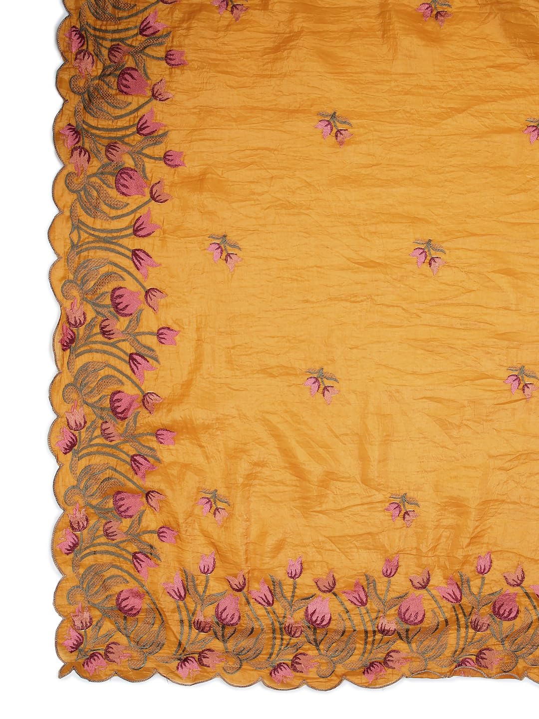 Kalyan Silks Dark Mustard Yellow Crush Organza Saree With Embroidery All Over Design