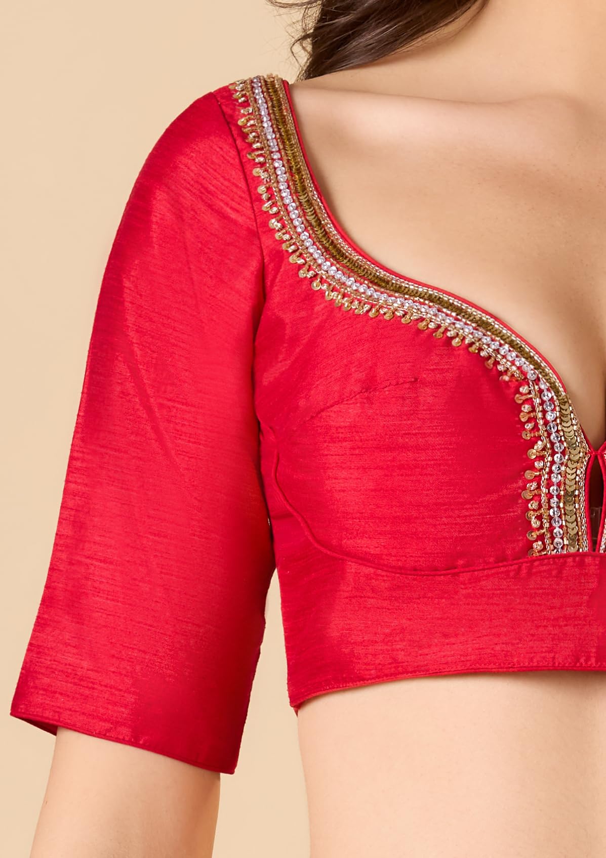 S SALWAR STUDIO Red Raw Silk Sweetheart Neck Bridal Readymade Blouse
