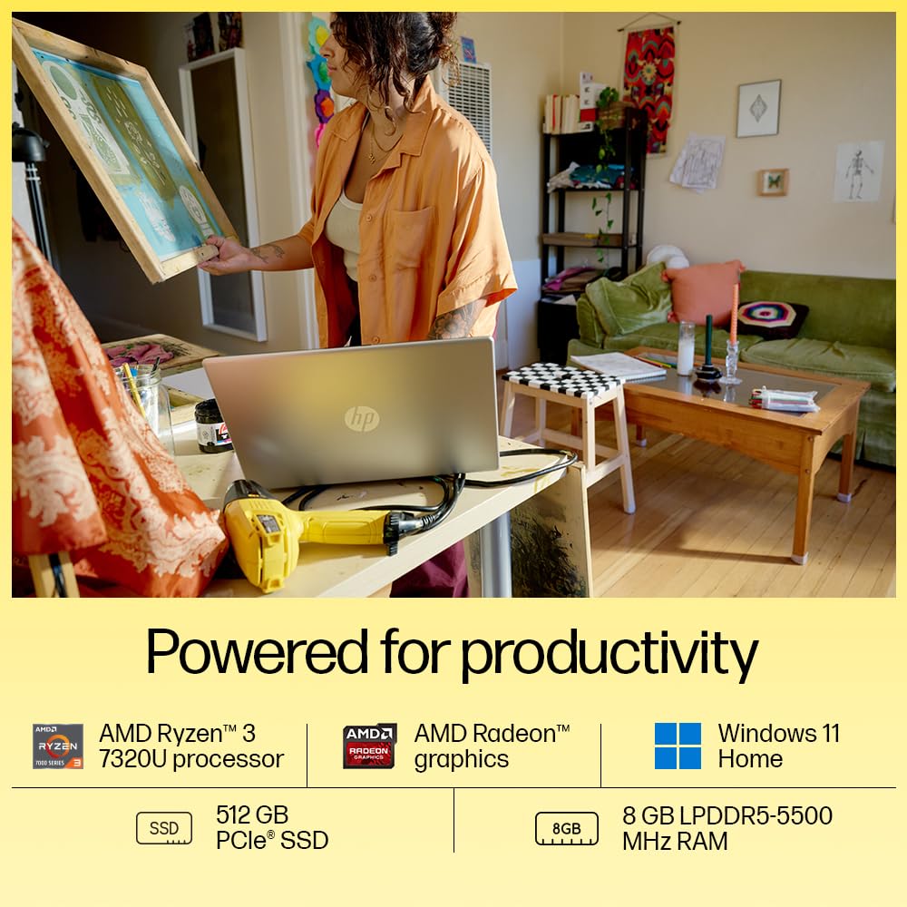 HP 15, AMD Ryzen 3 7320U Laptop (8GB LPDDR5, 512GB SSD) Anti-Glare, Micro-Edge, 15.6"/39.6cm,FHD, Win 11, Silver, 1.59kg, AMD Radeon Graphics, 1080p HD Camera, fc0154AU