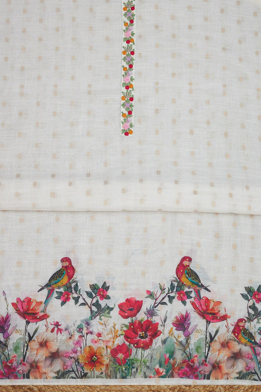 Soch Womens Off White Linen Botanical Print Unstitch Dress Material With Sequins