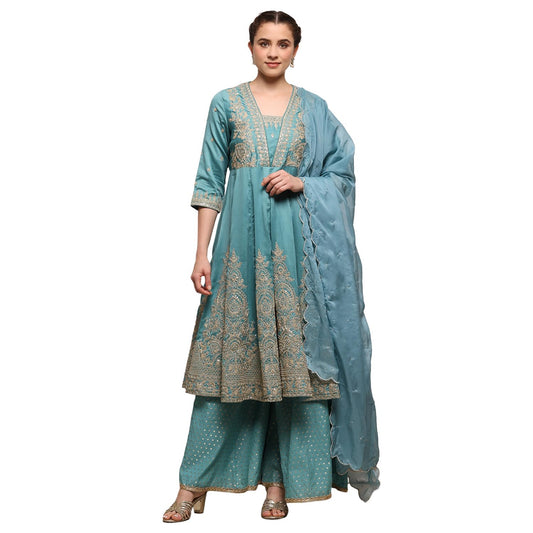 Biba Women Blue Silk Chanderi Anarkali Suit Set_34