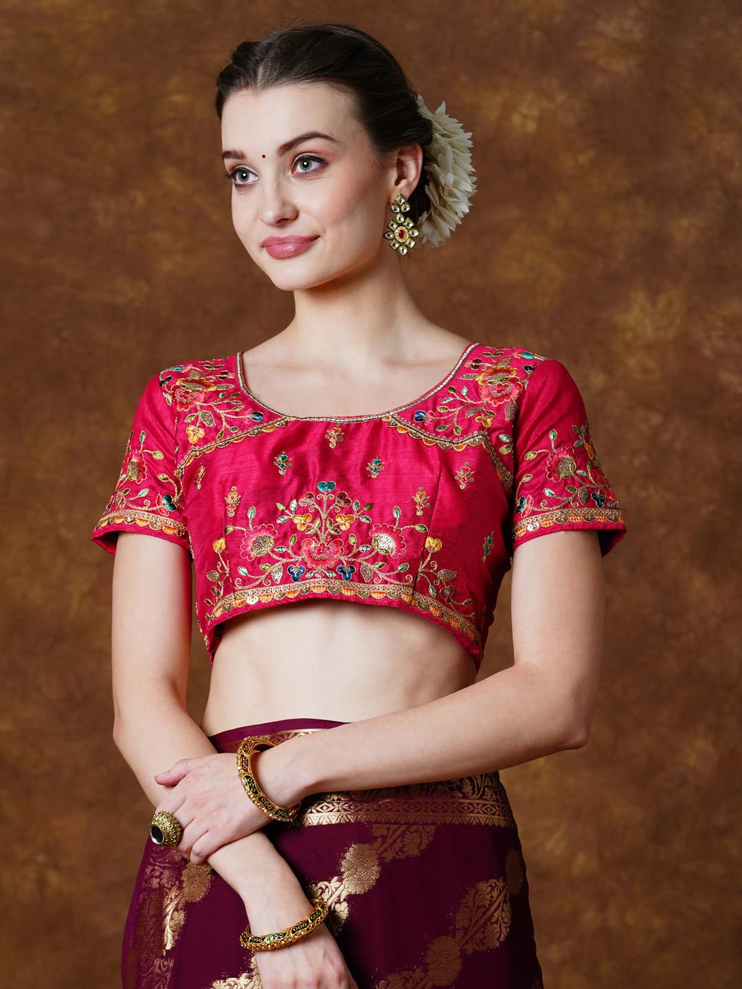 AKHILAM Women's Burgundy Georgette Zari Woven Design Saree with Unstitched Blouse Piece (YARYAPRM110_HS)