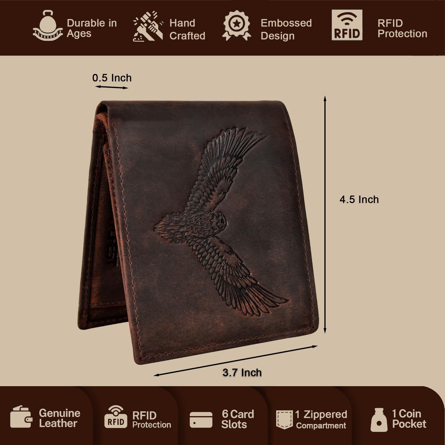 URBAN FOREST Zeus Vintage Brown Leather Bi-Fold Wallet for Men, 6 Card Slot