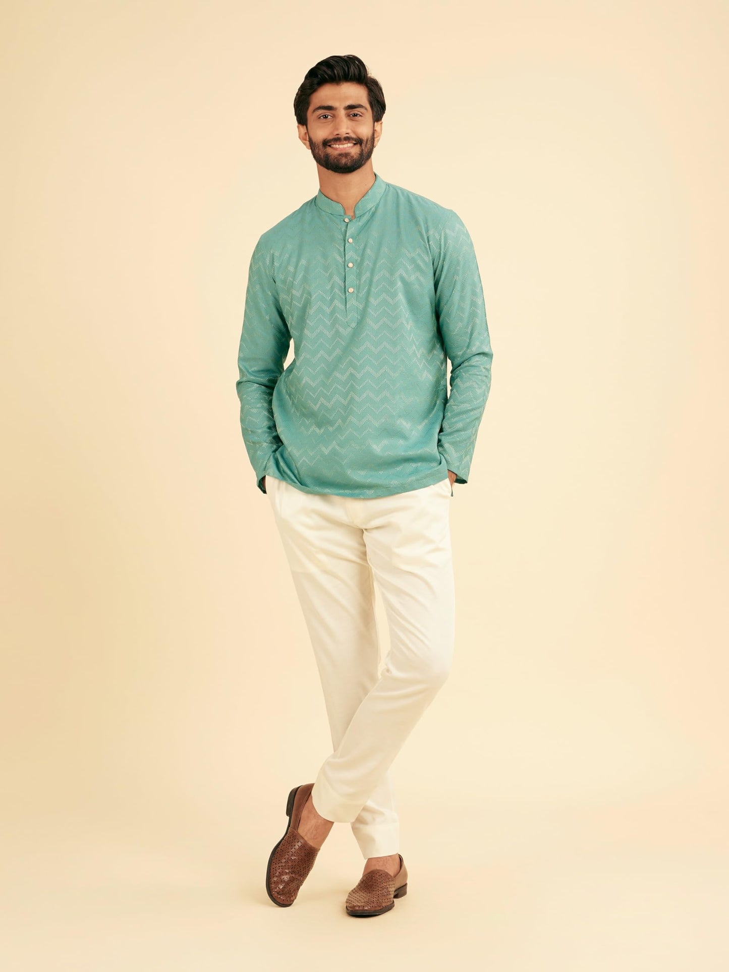 Manyavar Men's Viscose Blend Textured Short Kurta (Aqua Green,XL)