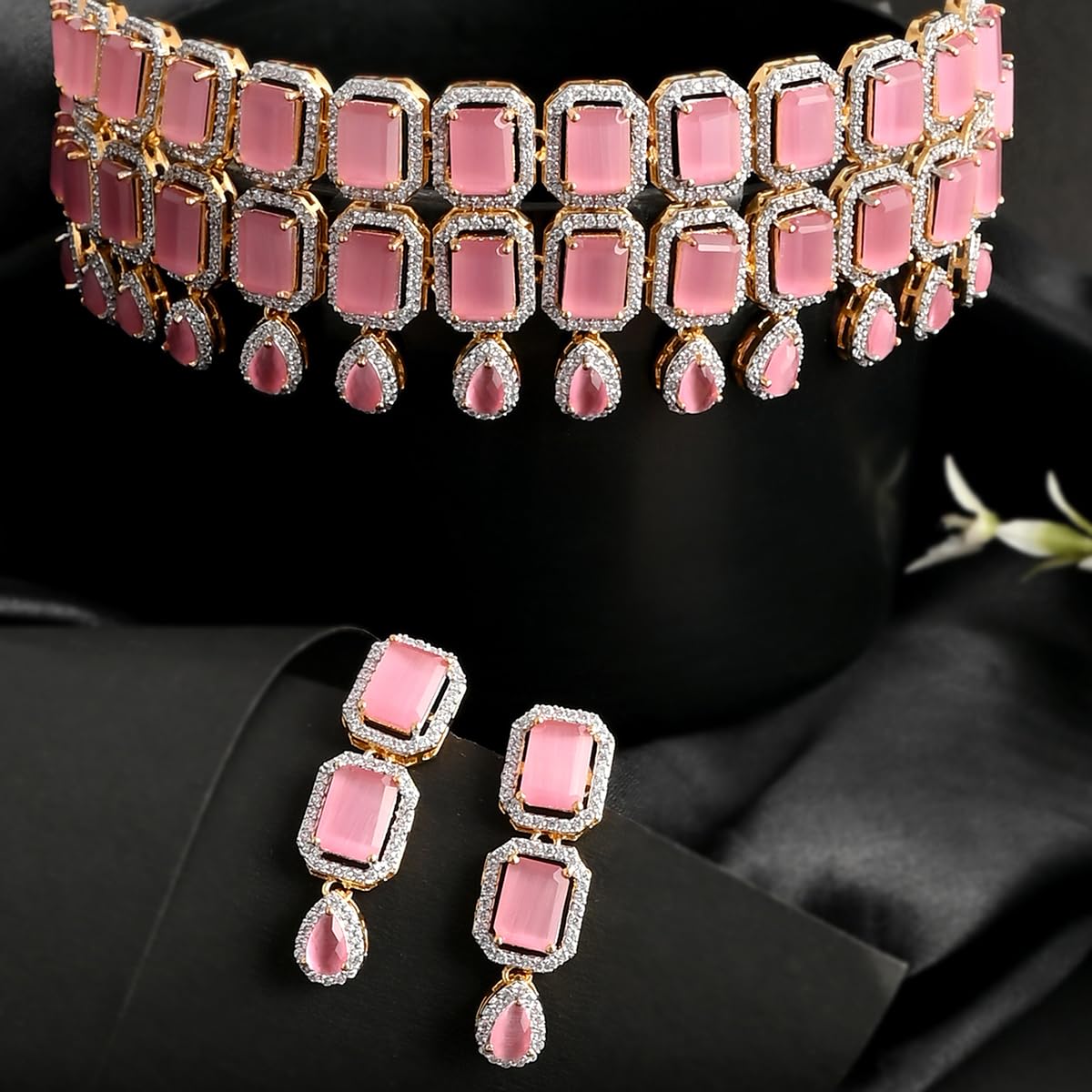 VOYLLA VoyllaSparkling Elegance Opulent Emerald Cut Zircons Gold Plated Jewellery Set