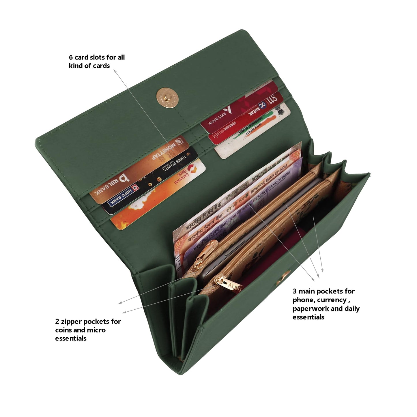 ALSU Women's Faux Leather Hand Wallet Clutch Trendy | 6 Card Slots | Phone Pocket | Zipper Pockets| Hand Purse (Green)