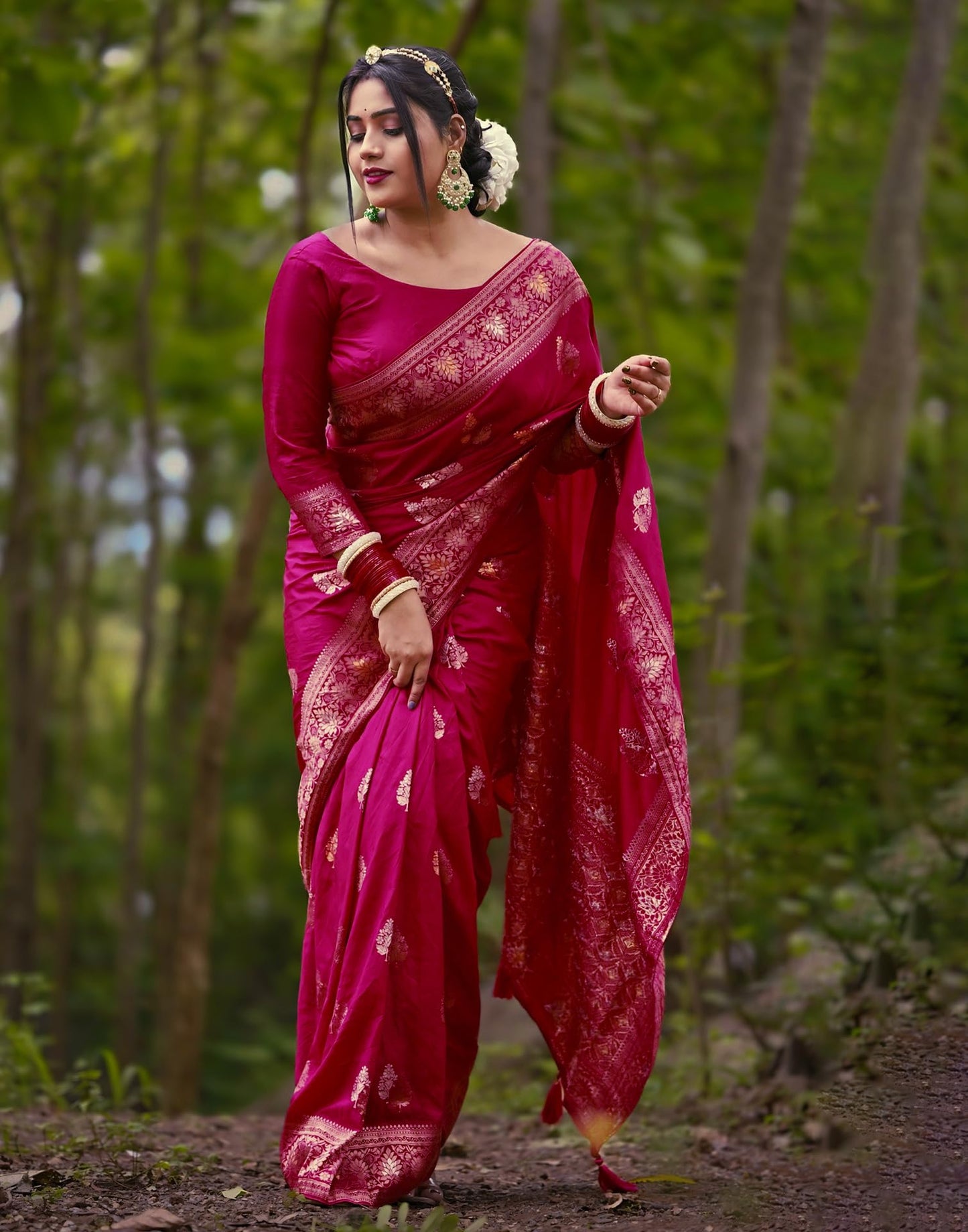 SIRIL Women's Silk Banarasi Silk Saree With Unstitched Blouse Piece(3657S6027-Rani Pink)