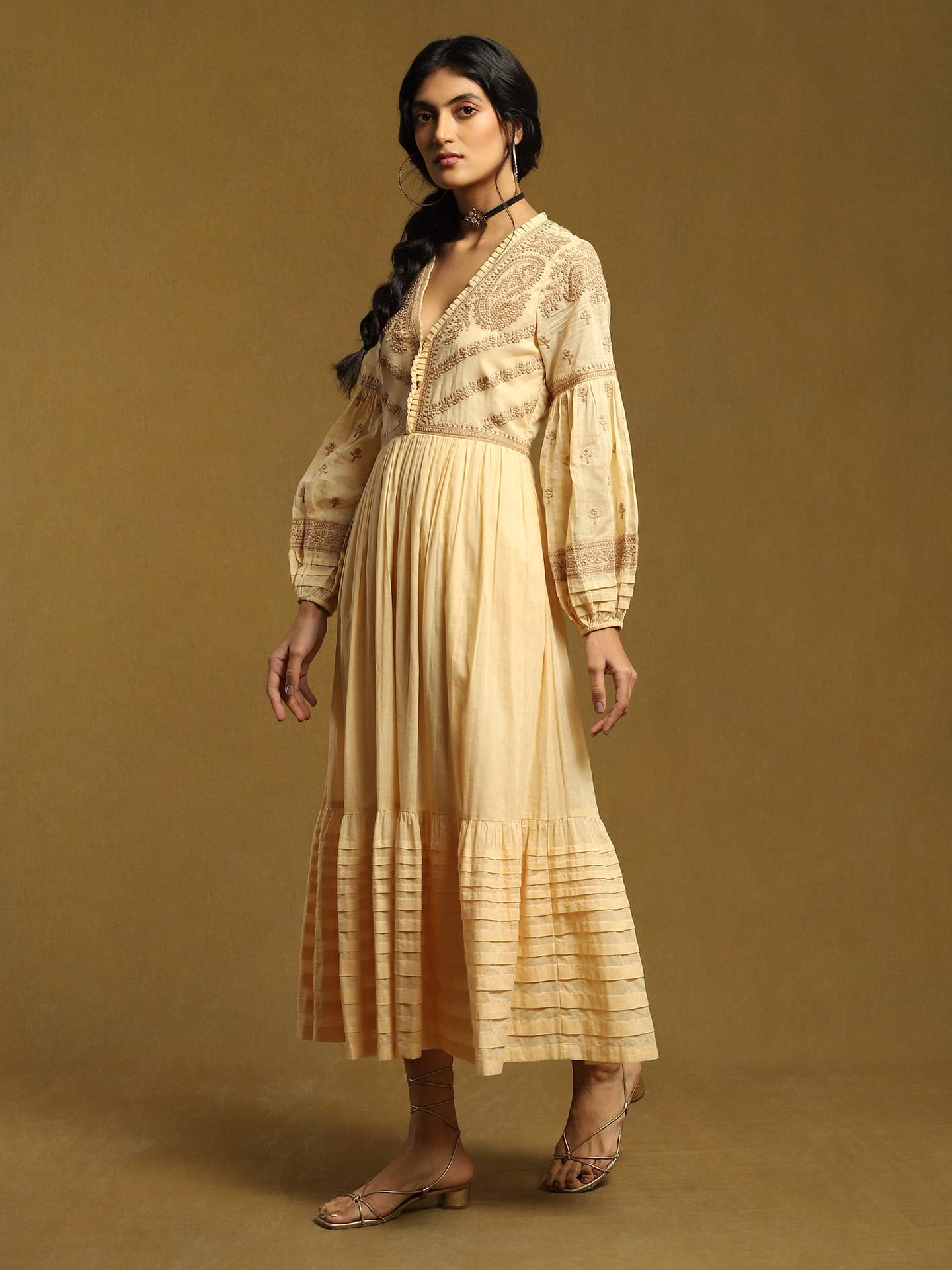 Ritu Kumar Beige Embroidered Tiered Long Dress