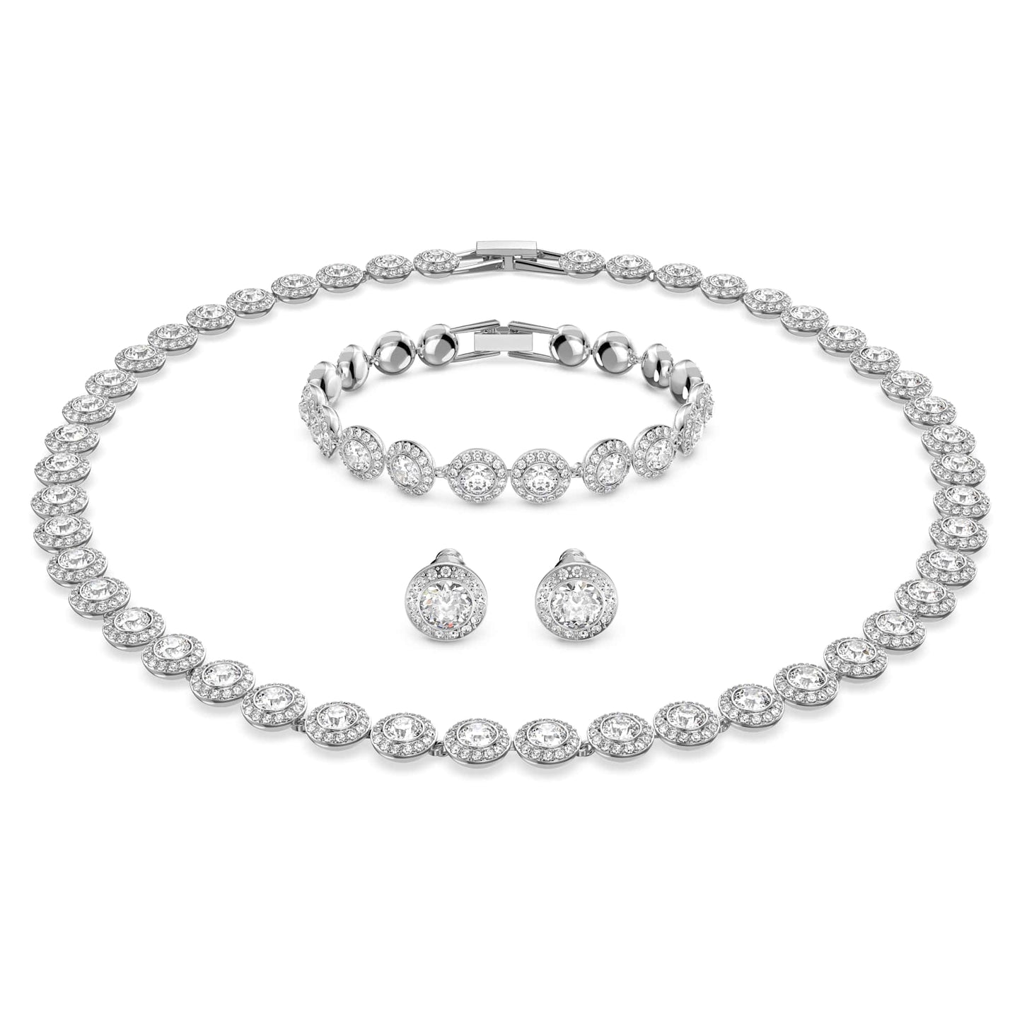 Swarovski Angelic Necklace Bracelet Earrings Set for Women, Round Size, Rhodium Plated
