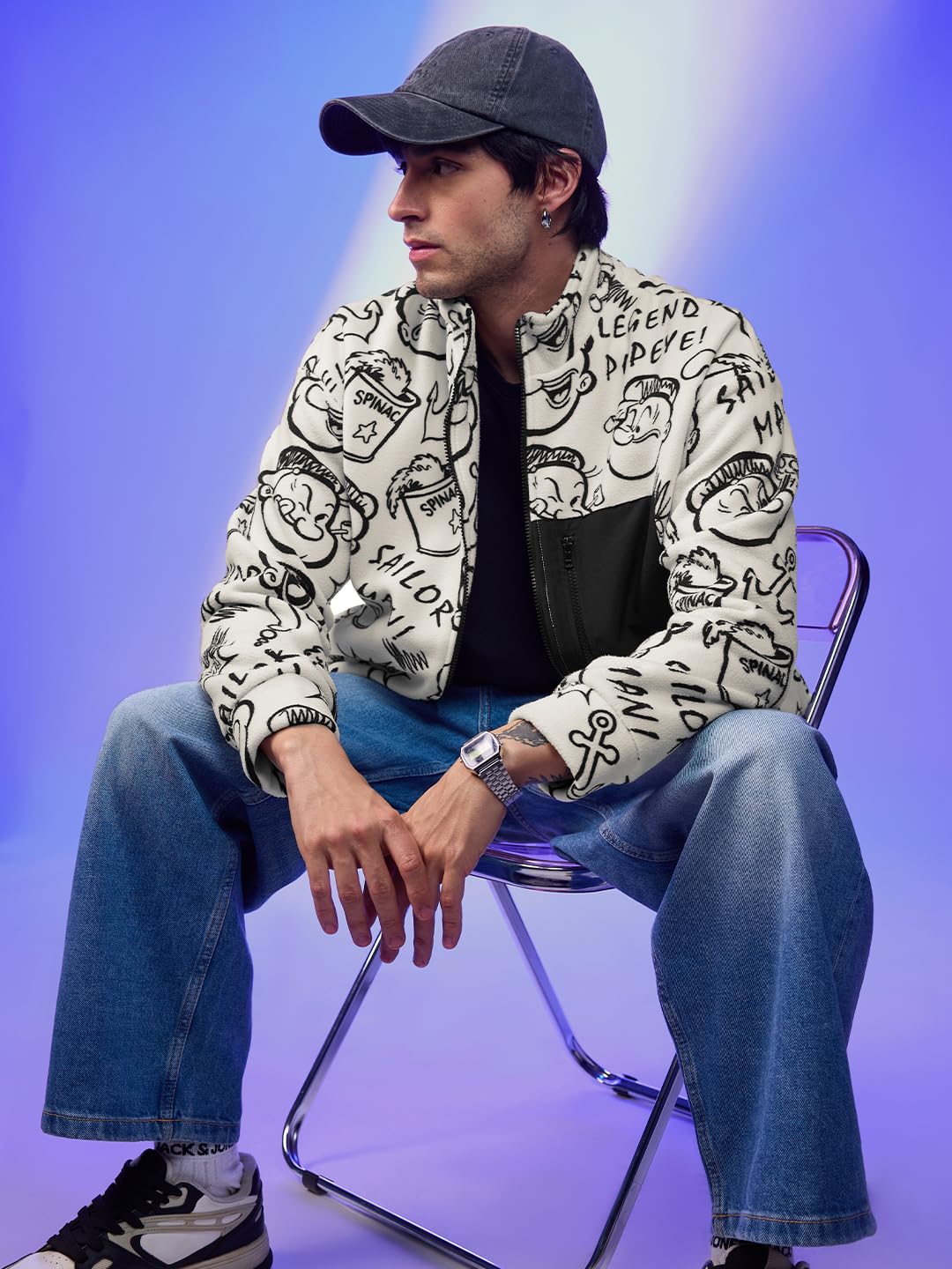 The Souled Store Official Popeye: Sailor Style Long Sleeve Collared Neck Button Front Denim Jackets for Men and Boys - Classic and Versatile Outerwear Essentials