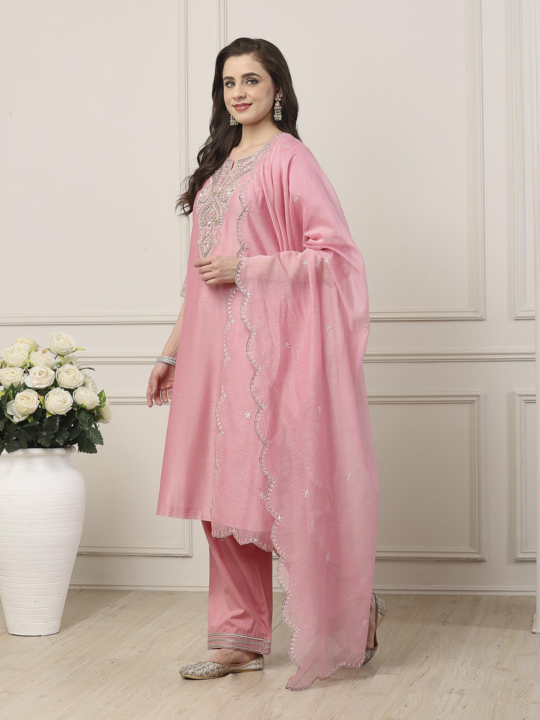 Biba Women Pink Silk Chanderi Straight Suit Set_34