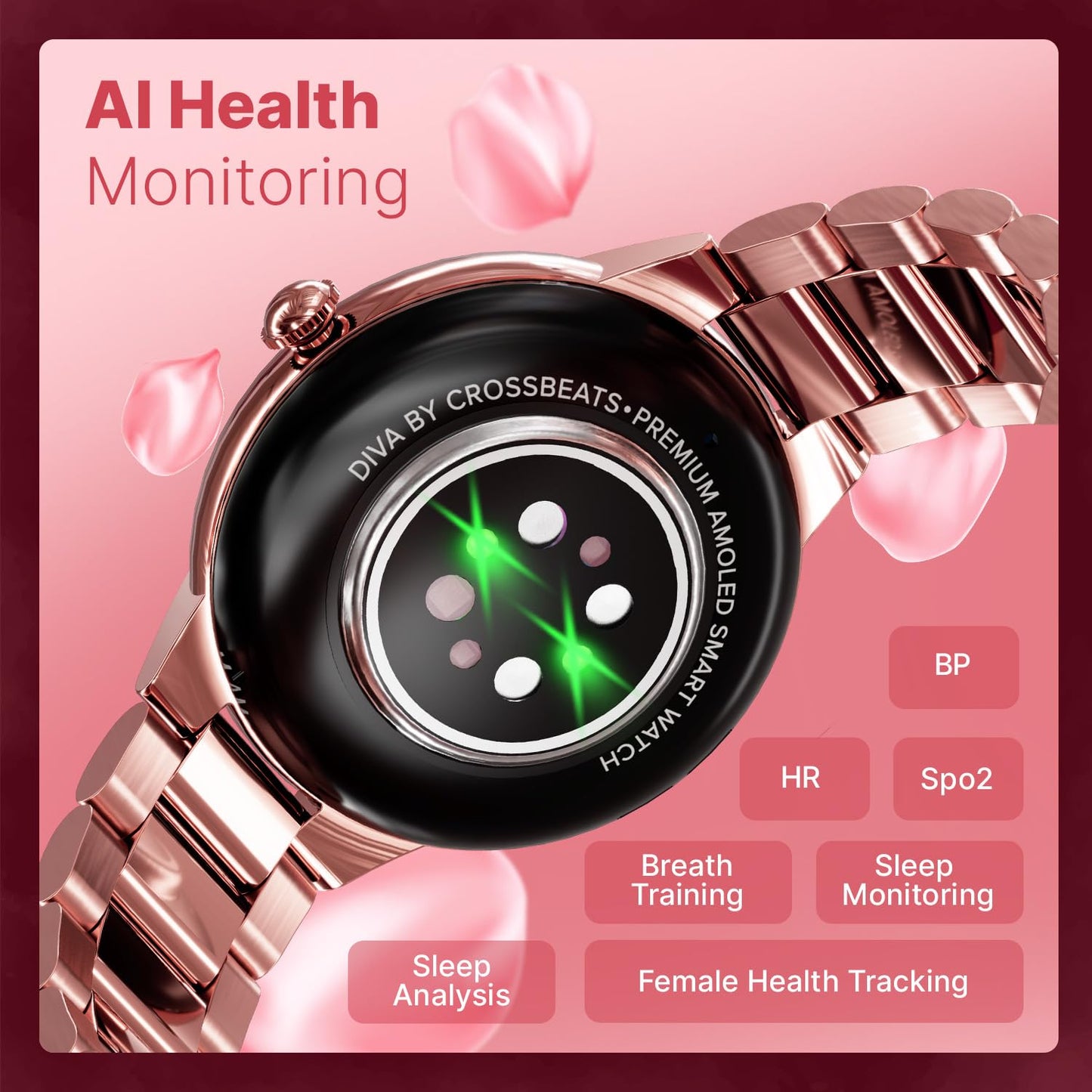 CrossBeats Diva 1.28” Stylish Smart Watch for Women with Stone Studded Bezel| Amoled Display | Female Health Tracker | 100+Sports Modes| Premium Metal Smartwatch with Wireless Charging - (Rose Gold)