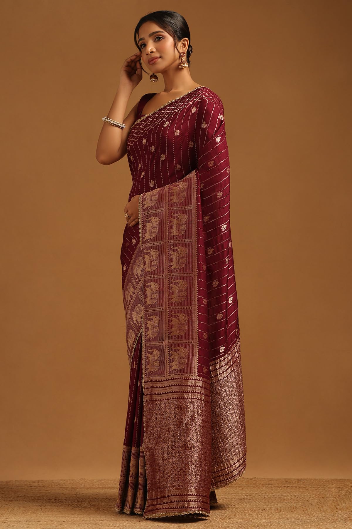 Soch Womens Wine Dola Silk Ethnic Motifs Zari Woven Saree