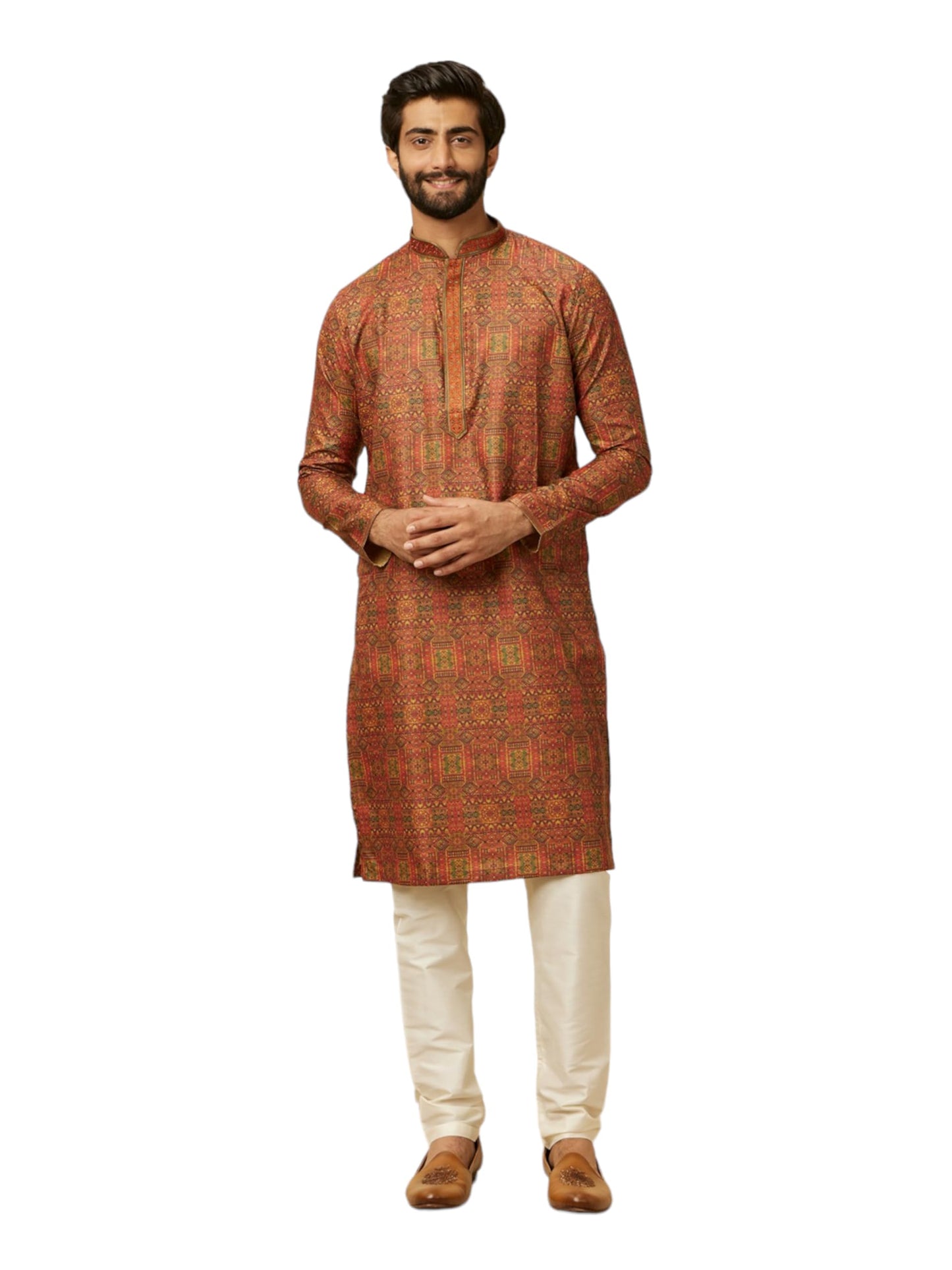 Manyavar Rust Blended Viscose Digital Print | Embroidery Kurta Pyjama Set