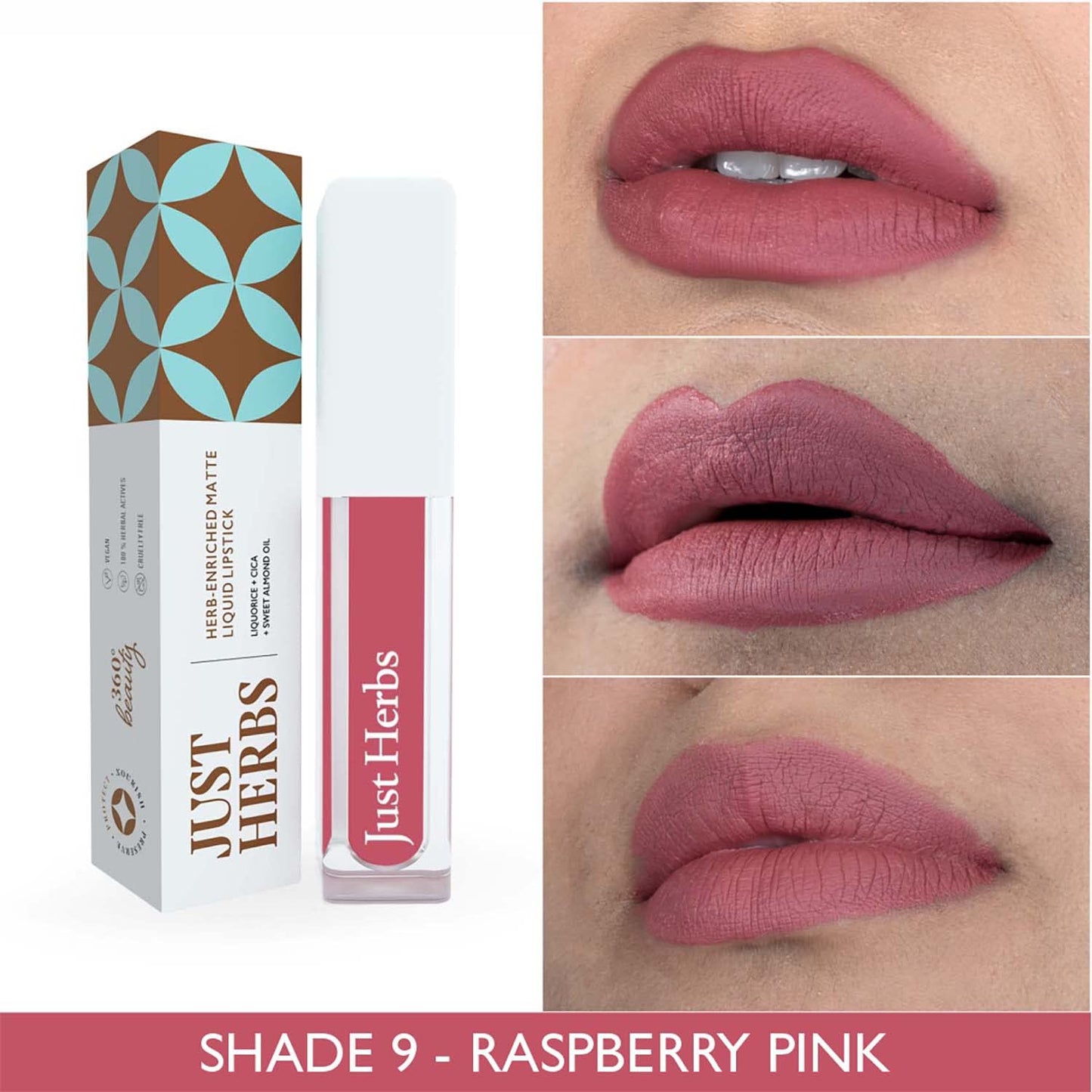 Just Herbs Ayurvedic Creamy Matte Long Lasting Liquid Lipstick, Lightweight & Hydrating Lip Colour with Liquorice & Sweet Almond Oil - Raspberry Pink