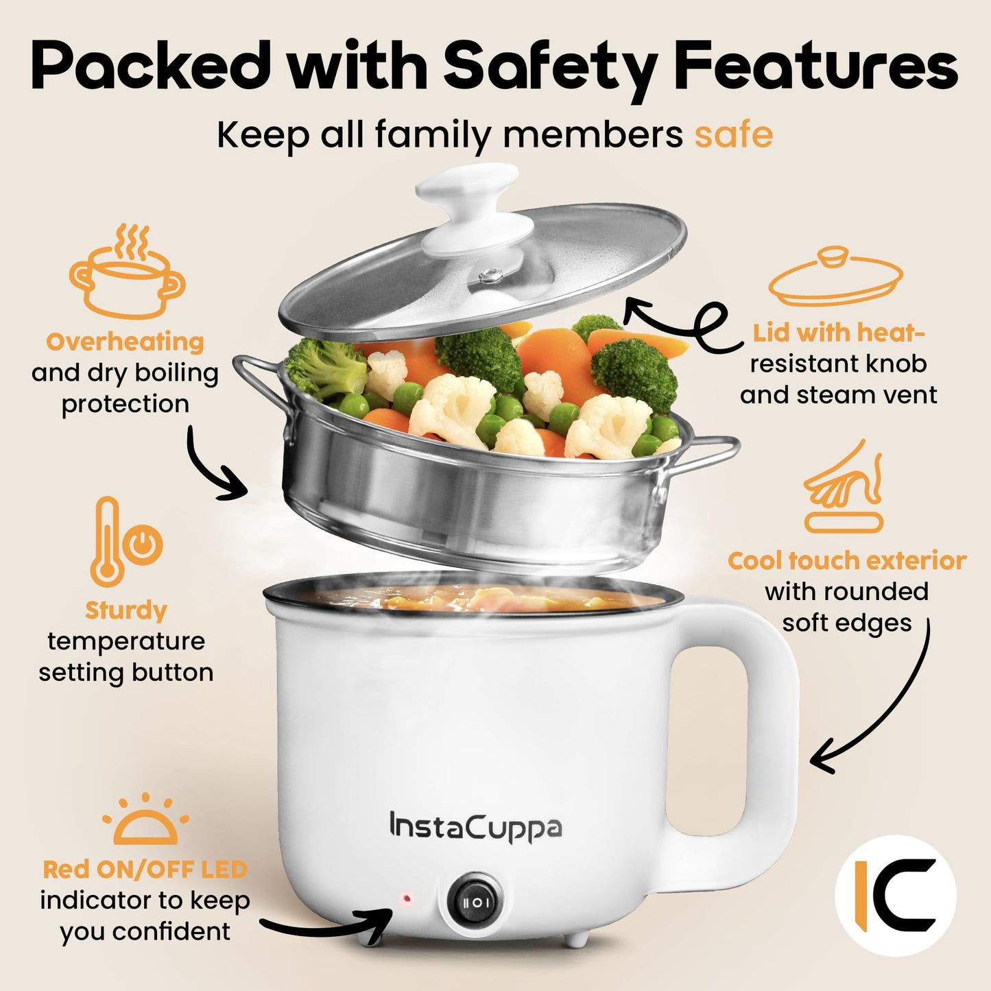 InstaCuppa 3-in-1 Multi Cook Kettle with Steamer, 1.2 L Inner Pot, Adjustable Temperature Settings, Wide Mouth, Ideal for Boiling Milk, Tea, Coffee, Eggs & Steaming Veggies, 600 Watts, Elegant White