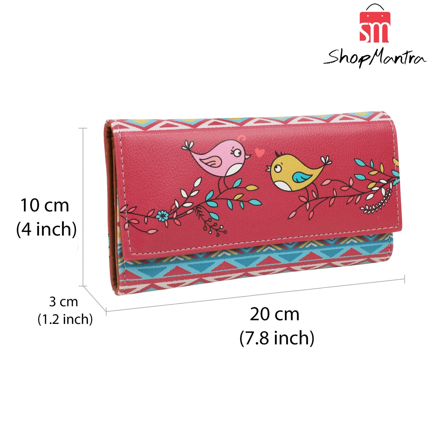 ShopMantra Wallet for Woman | Multicolor Red Bird Design | Faux Leather Printed Long Clutch | Stylish & Cute Trifold Clutch with Card Slots & Coin Pocket