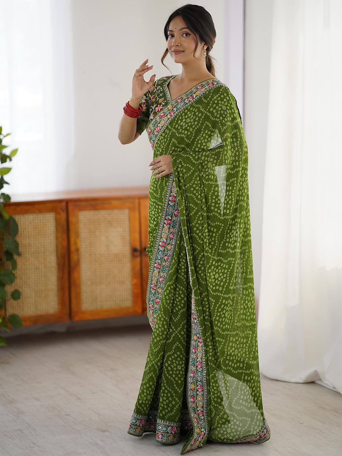 Satrani Women's Georgette Bandhani Printed Festive Saree with Unstitched Blouse Piece (4486S554N_Mehandi Green)