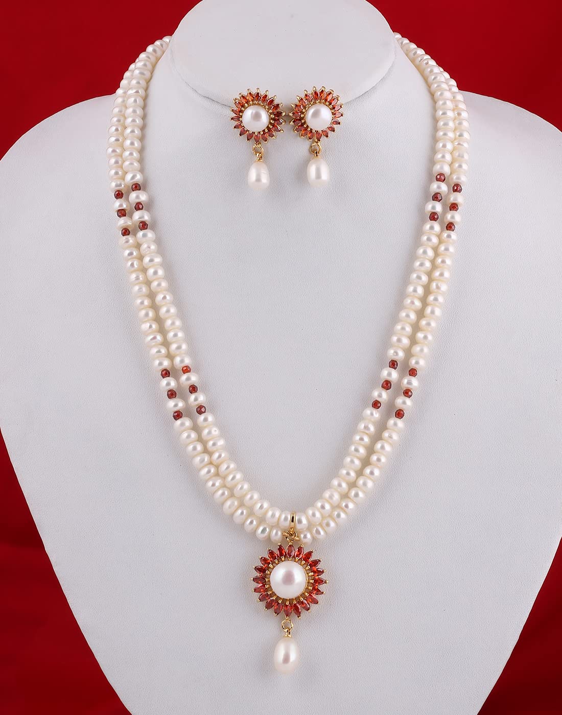 HYDERABAD JEWELS REAL NATURAL FRESH WATER DOUBLE LINE PEARLS SET FROM HYDERABAD FOR WOMEN (GARNET)