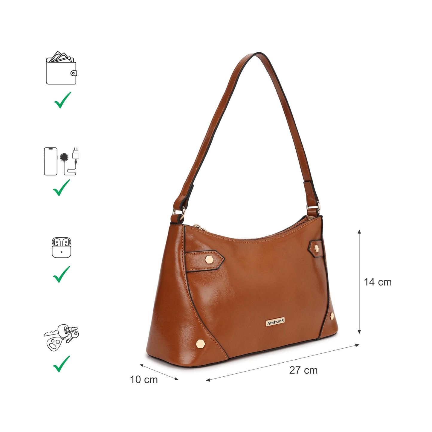 Fastrack Women's Stud Detail Shoulder Bag with Top Zip Closure | Trendy Stitching and Metal Stud Accents, Inner Zip and Slip Pockets | Comfortable Shoulder Strap | Trendy Women's Handbags