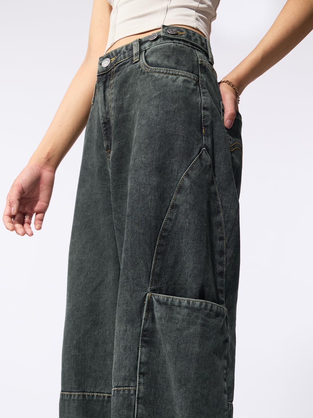 The Souled Store Mirage: Women and Girls Adjustable Waistband with Flex-Fit Tabs Charcoal Grey Washed Cotton Denim Barrel Fit Lightweight Breathable All-Season Everyday Denim Jeans