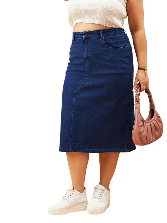 Navy Denim Acid Wash A-Line Skirt