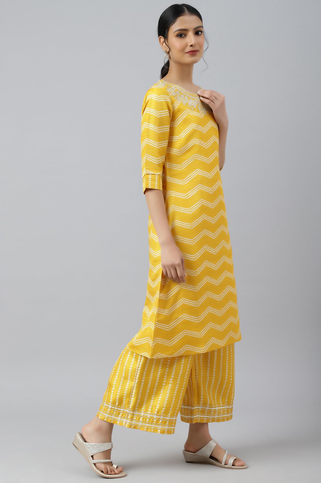 W Women's Silk Kurta and Trouser Set (22AUWS18282-119632_Marigold Yellow_M)