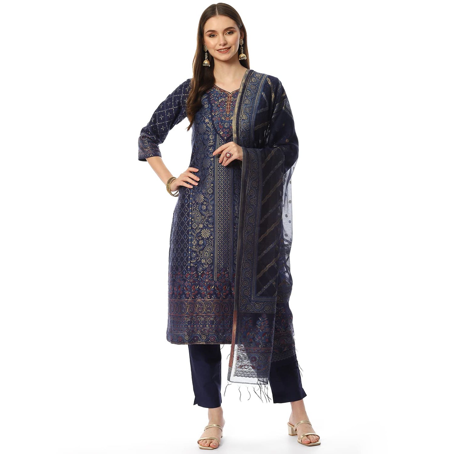 BIBA Women Cotton Yarndyed Narrow Salwar Kurta Dupatta(SKDASSORTED8386_INDIGO BLUE_42) 3Xl