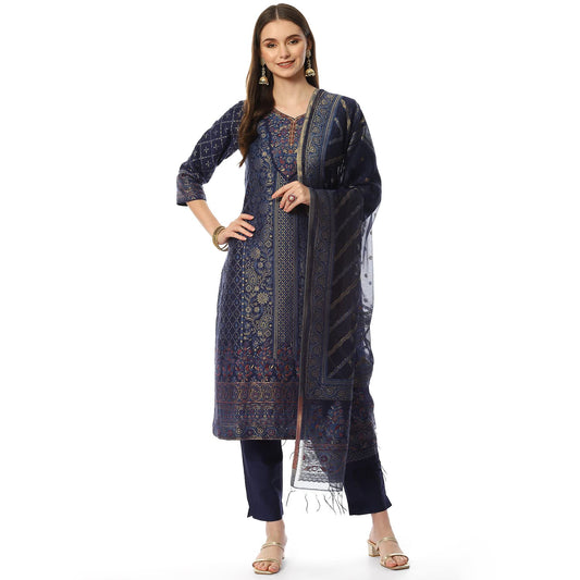 BIBA Women Cotton Yarndyed Narrow Salwar Kurta Dupatta(SKDASSORTED8386_INDIGO BLUE_42) 3Xl